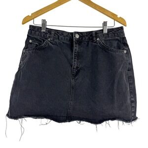 TOPSHOP MOTO Black Denim Mini Skirt Distressed Frayed Hem Goth Grunge ‎ Size 10